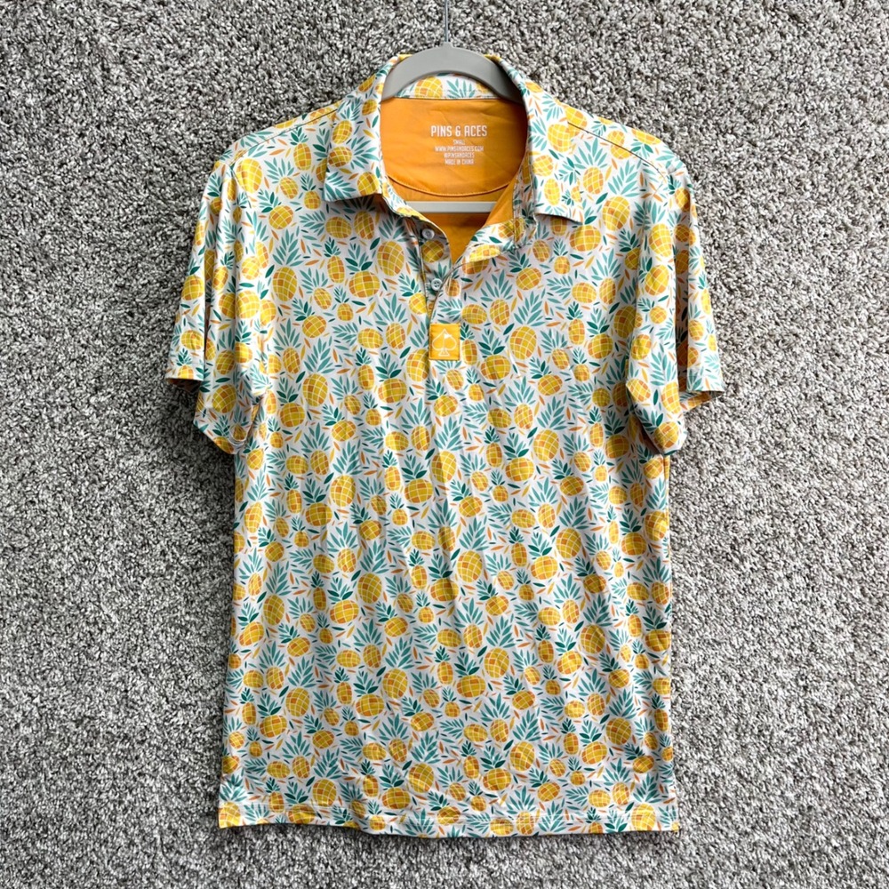 Pins & Aces Polo Shirt Men's Small Pineapple Print Short Sleeve Performance
